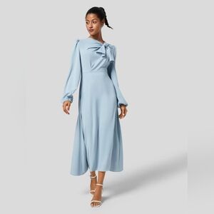 🛍HALARA Tie Neck Puff Long Sleeve Back Zipper Flowy Midi Work Dress,Large